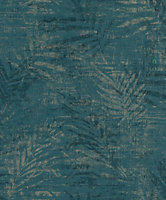 Rasch Poetry Distressed Palm Teal/Gold Wallpaper