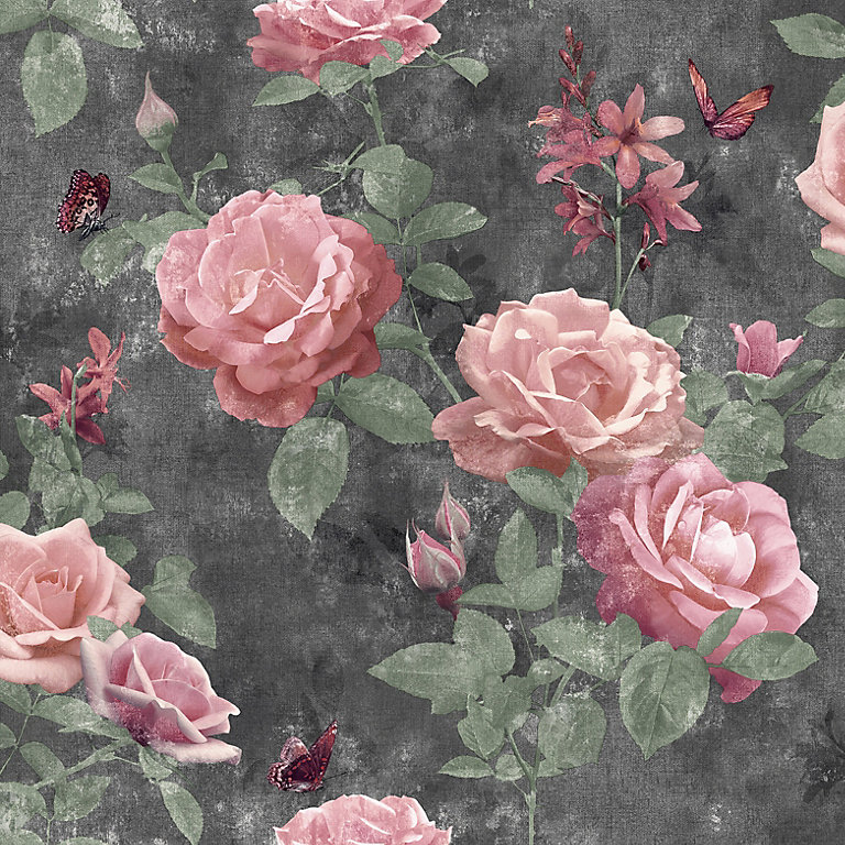 Rasch Portfolio Amsterdam Floral Black and Pink Wallpaper | DIY at B&Q