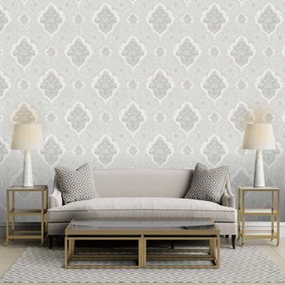 Rasch Ravella Damask Silver Grey Wallpaper