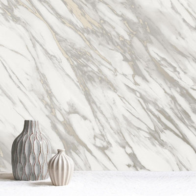 Rasch Realistic Marble Effect Metallic Shimmer Smooth Wallpaper Feature Wall White 284392