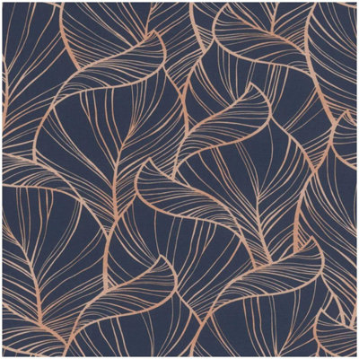 Rasch Rhapsody Navy Blue Leaves Paste The Wall Wallpaper Copper Metallic