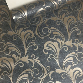 Rasch Scroll Charcoal Black Metallic Bronze Glitter Textured Wallpaper 301861