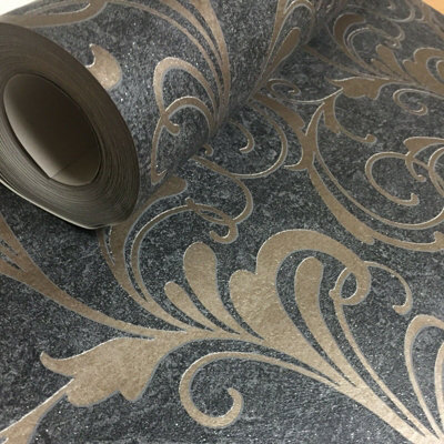 Rasch Scroll Charcoal Black Metallic Bronze Glitter Textured Wallpaper 301861