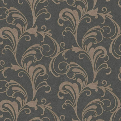 Rasch Scroll Charcoal Black Metallic Bronze Glitter Textured Wallpaper 301861