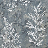 Rasch Texture Effect Garden Leaf Plant Leaves Smooth Metallic Shimmer Wallpaper Navy Blue 284071