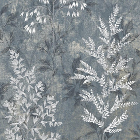 Rasch Texture Effect Garden Leaf Plant Leaves Smooth Metallic Shimmer Wallpaper Navy Blue 284071