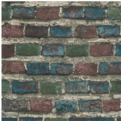Rasch Textured Teal Brick Wall Wallpaper Vinyl Industrial Paste The Wall