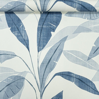 Rasch Tropical Navy Blue Tropical Palm Leaves Non Woven Textured Wallpaper