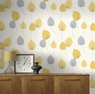 Rasch Vermont Leaf Yellow & Grey Wallpaper 308259