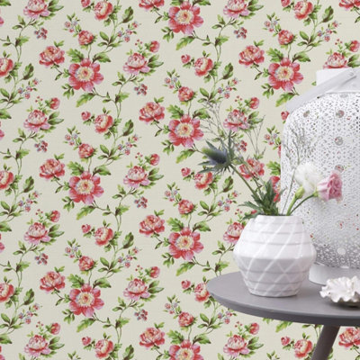 Rasch White Floral Shabby Chic Rose Wallpaper - 442205
