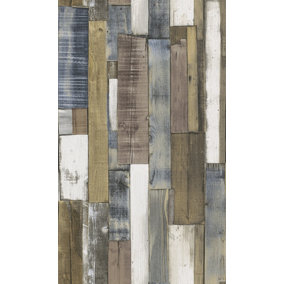 Rasch Wood Panel Natural & Blue Wallpaper 2037-07