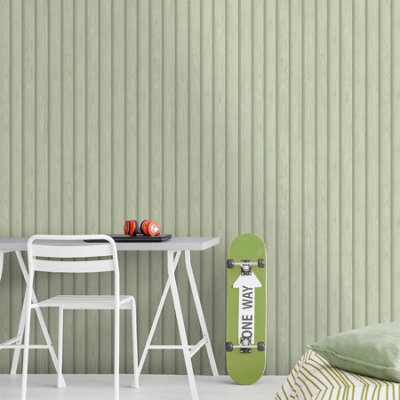 Rasch Wood Slat Wallpaper - For Living Room, Bedroom, Fireplace - Matt Finish, Wood Pattern, Soft Green