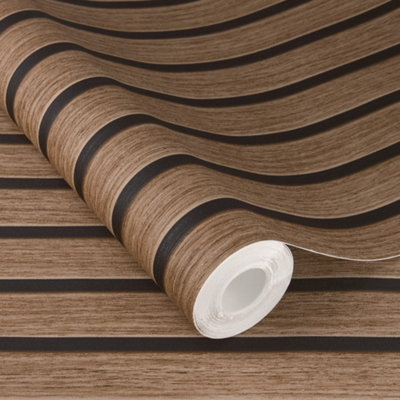 Rasch x Tesa Echo 3D Wood Slat Effect Self Adhesive Peel and Stick Textured Wallpaper, Walnut
