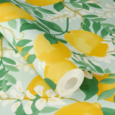 Rasch x Tesa Portofino Lemon Branches Self-Adhesive Peel & Stick Textured Wallpaper, Yellow