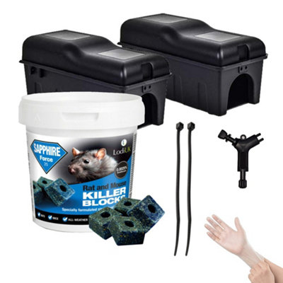 Rat Bait Box with Poison Bait Block Rodent Control Kit 2 Lockable Mouse & Rat Bait Station + 300g Sapphire Bait Block & 2 Tie Bags