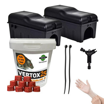 Rat & Mouse Bait Box Kit 2 Lockable Rat Bait Station 300g Vertox Poison Block & Tie Bag Professional Rodent Control Indoor Outdoor