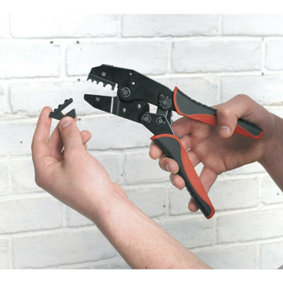 Ratchet Crimping Tool - Interchangeable Hardened & Tempered Jaws - Soft Grip - 3