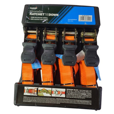 Ratchet Tie Down Straps for Securing Loads 25mm x 5m - Pack of 4