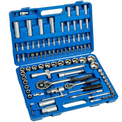 Ratchet with Socket Set - 94-piece, 1/4 and 1/2 inch, plastic case included - black