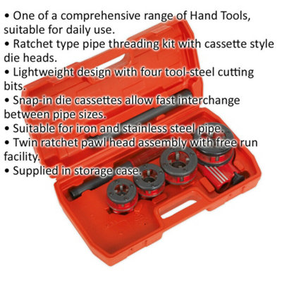 Ratcheting Pipe Threading Kit - 1/2" to 1 & 1/4" BSPT - Cassette Style Die Heads