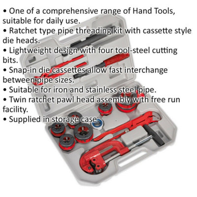 Ratcheting Pipe Threading Kit - 1/4" to 1 & 1/4" BSPT - Cassette Style Die Heads