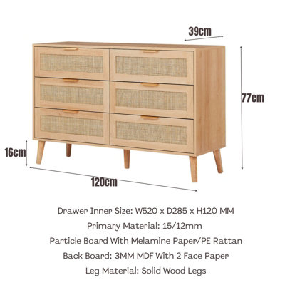 Rattan Chest of 6 Drawers, Clothing Storage Cabinet - Natural