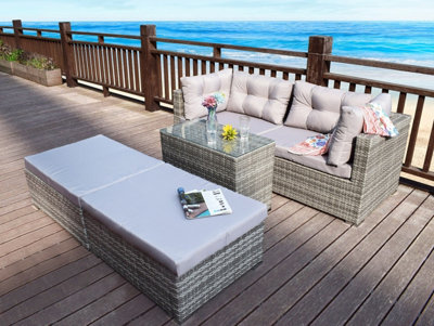 RATTAN CONSERVATORY GARDEN WICKER OUTDOOR SUN LOUNGER SOFA TABLE FURNITURE SET CUBE CORNER TABLE GREY DINING