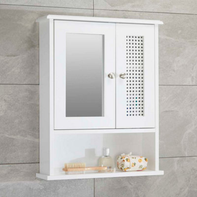 Rattan Detail Mirror Double Door Wall Mounted Cabinet in White Price Comparisons | Compare The Build