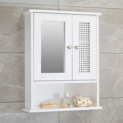 Rattan Detail Mirror Double Door Wall Mounted Cabinet in White | DIY at B&Q