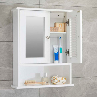 Rattan Detail Mirror Double Door Wall Mounted Cabinet in White