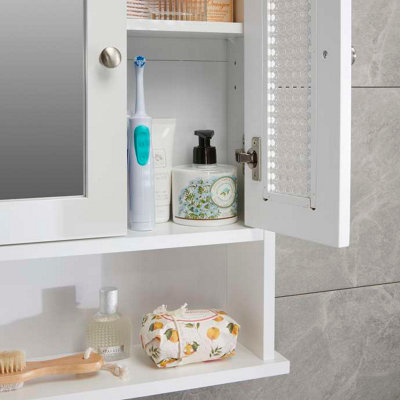 Rattan Detail Mirror Double Door Wall Mounted Cabinet in White