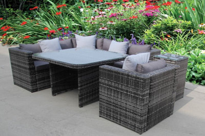 RATTAN DINING GARDEN WICKER OUTDOOR CONSERVATORY CORNER SOFA FURNITURE SET CUBE GREY