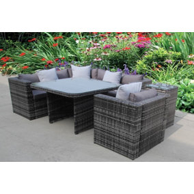 RATTAN DINING GARDEN WICKER OUTDOOR CONSERVATORY CORNER SOFA FURNITURE SET CUBE GREY