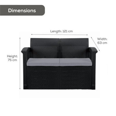 Rattan Effect 2-Seater Sofa with Cushions - Graphite