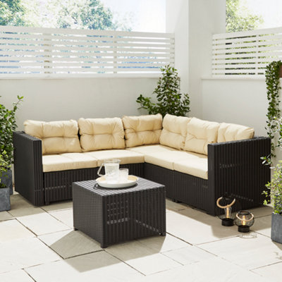 Rattan Effect 5-Seater Corner Sofa & Table Set - Graphite