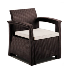 Rattan Effect Armchair with Cushion - Brown