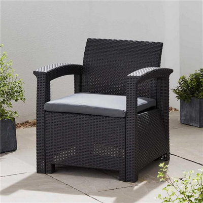 Rattan Effect Armchair with Cushion - Graphite