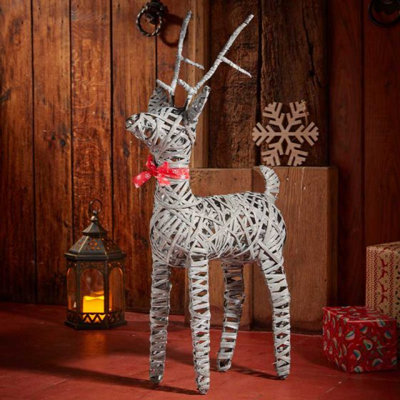 Nouveau Renne De Noël En Rotin Debout 32x46cm Blanc - Décoration Festive Naturelle