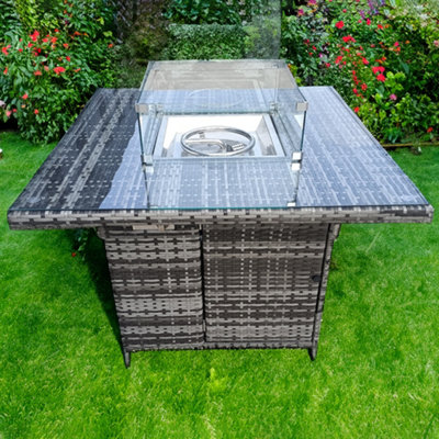 RATTAN FIRE PIT TABLE GREY WICKER CONSERVATORY OUTDOOR GARDEN FURNITURE CORNER DINING