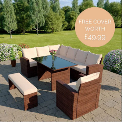 Rattan Garden Corner Dining Table Set with Armchair and Bench in Brown ...
