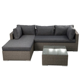 Rattan Garden Corner Sofa Set, 3 Piece Corner Garden Lounge Set with 10CM Cushion, Tempered Glass Table - Fully Assembled - Gray