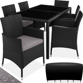 Rattan garden furniture set 6+1 with protective cover - black/grey