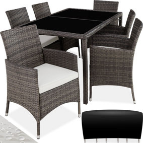 Rattan garden furniture set 6+1 with protective cover - grey/white