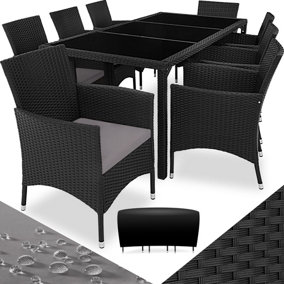 Rattan garden furniture set 8+1 with protective cover - black/grey