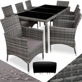 Rattan garden furniture set 8+1 with protective cover - mottled grey/grey