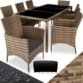 Rattan garden furniture set 8+1 with protective cover - nature/dark grey
