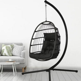 Rattan Hanging Egg Chair, Patio Swing Egg Chair With Stand, Soft Cushion Garden Hammock Chair - Gray