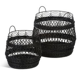 Rattan Indoor Storage Baskets in Black Set of 2 Stackable for Cushions, Blankets & Logs