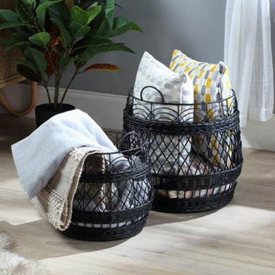 Stacked wicker storage deals baskets