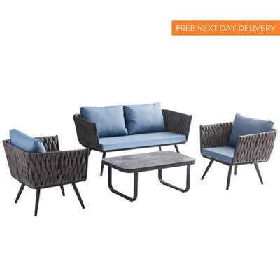 Rattan Outdoor Furniture Sofa Set, 4 Pcs Set, Blue Cushions DIY at B&Q